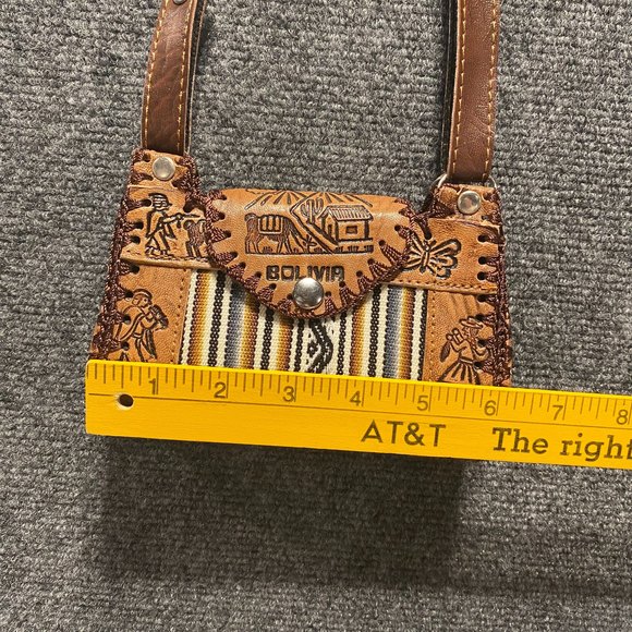 Handmade Purse Bolivia Hand Tooled Leather & Canvas Llamas Alpacas Butterfly - Picture 9 of 9